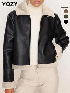 YOZY Women's Solid Color PU Leather Jacket, Casual Long Sleeve Zip Up Collared Outerwear for Fall & Winter, Fall & Winter Clothes