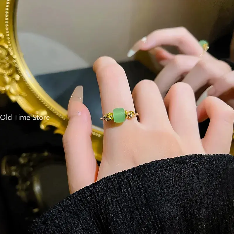 Gold Color Party Creative Jewelry New Vintage Fashion Adjustable Rings for Women Can Turn To Relieve Anxiety Jade Ring 1