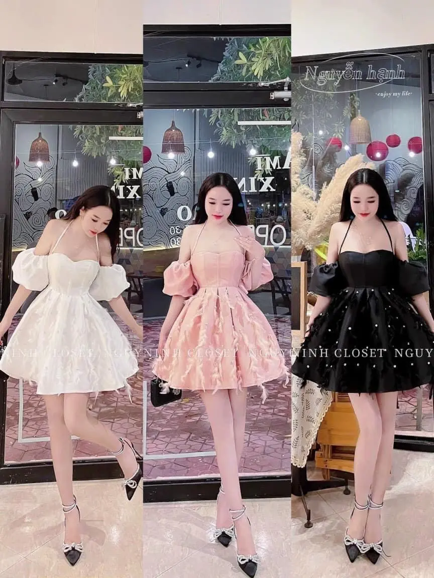 Đầm trễ vai lông vũ, chất taffa QUỲNH NHƯ BIGSIZE 60-90kg Nữ Voan Dress Váy Women Đen