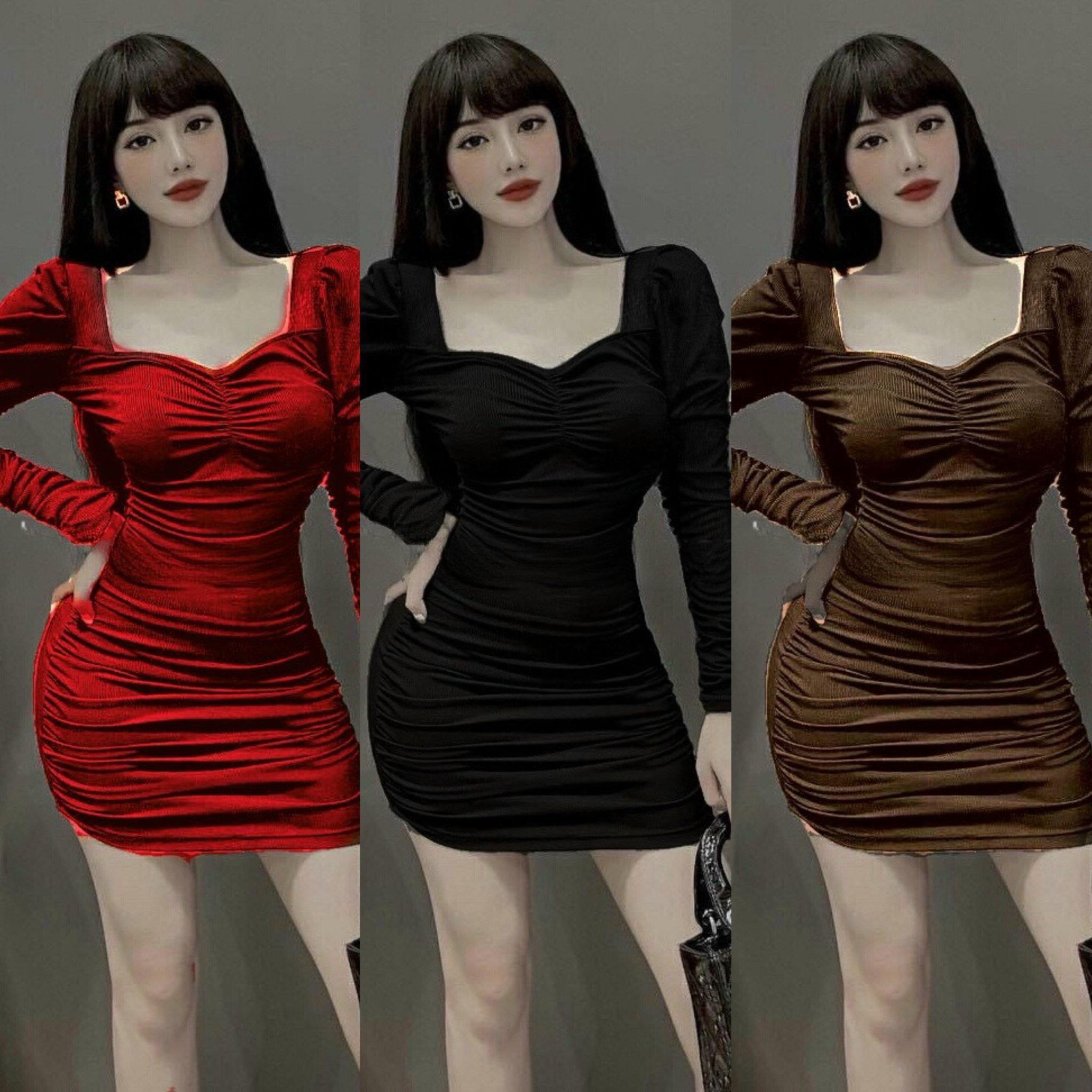 Thời Trang Bigsize Váy Dự Tiệc Body Tay Dài Vải Xốp Nhăn Bigsize 50-100kg Nữ Dress Women Nhung - A.1276