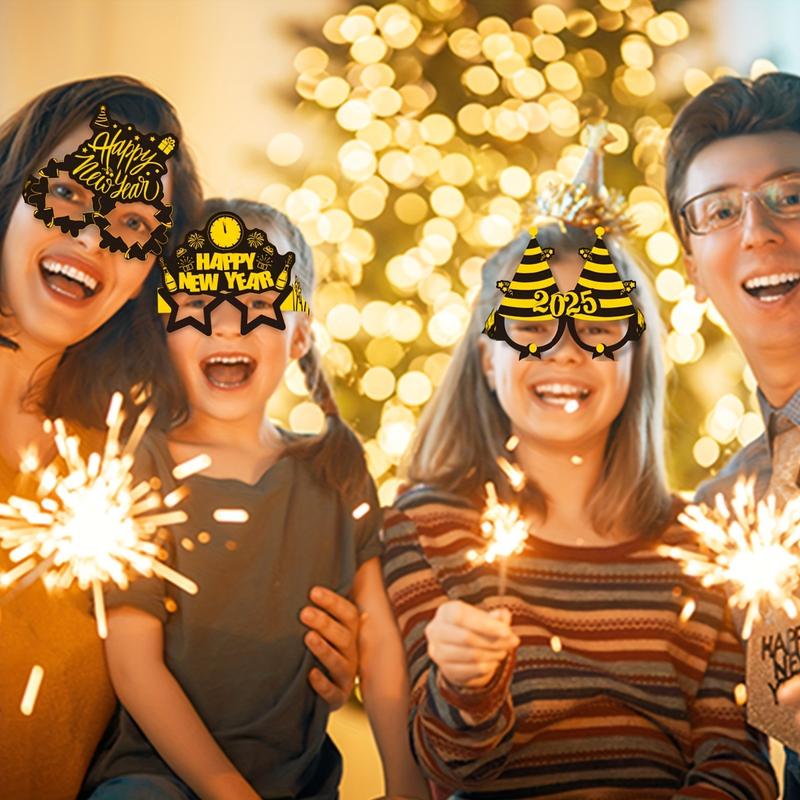 Product Introduction of 16pcs Happy New Year 2025 Photo Booth Props, Black and Golden Paper Glasses, Universal Size, New Year'S Eve Party Supplies and Decorations Accessory Masks 2