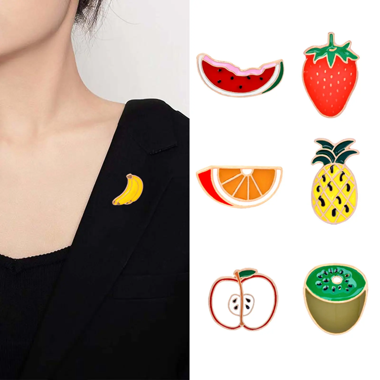[Bu]Oil-dripping Cartoon Fruit Brooch Cute Enamel Strawberry Orange Pineapple Watermelon Kiwifruit Shape Hat Bag Clothing Lapel Pin Fashion Jewelry Gift