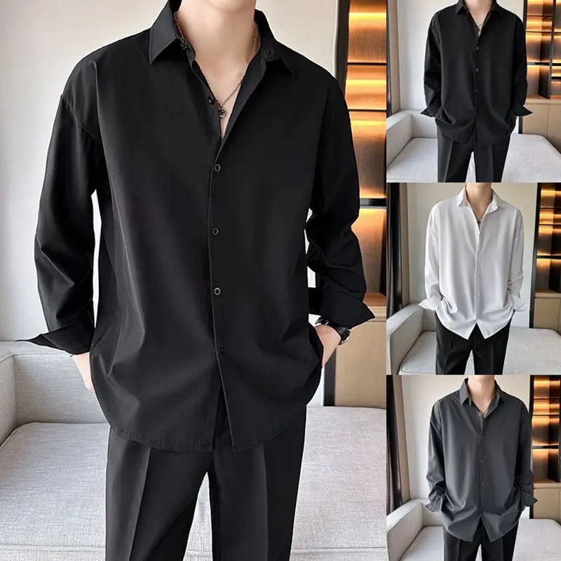 Áo Sơ Mi Đen Lụa Lạnh Không Cần Ủi, Dành Cho Nam Giới, Dài Tay, Thích Hợp Cho Mùa Xuân Và Mùa Hè, Hàng Mới Về, Dáng Rộng Vừa Vặn, Thiết Kế thụng Áo Khoác Sơ Mi Trắng, Bộ Đồ Thường Ngày Thời Trang Menswear Nhung