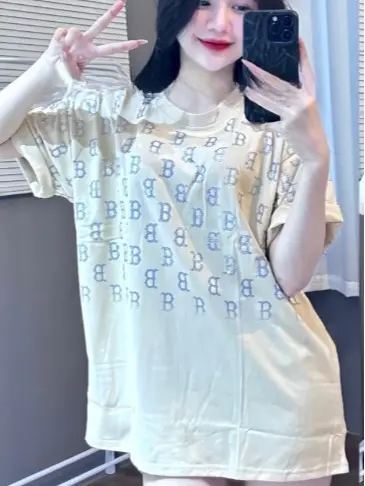 Áo phông chữ B in nửa thân chất cotton khô 3158 Nữ Top hot trend Women Cổ Tròn Màu Đen 4