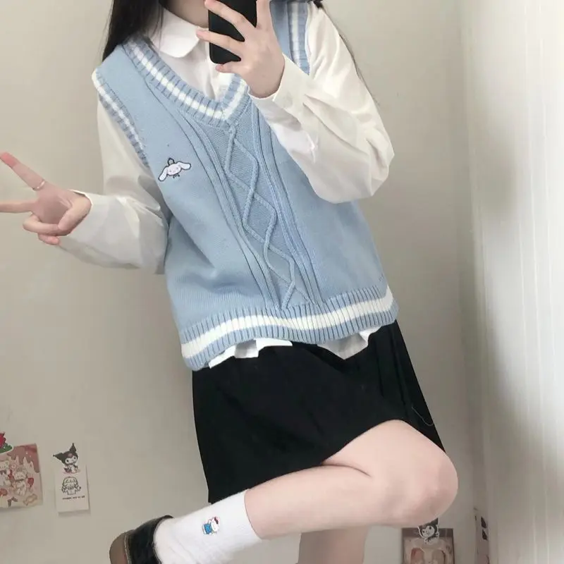 Áo Len JK Thêu, Cinnamoroll Babycinnamoroll, Dành Cho Nữ, Mùa Xuân Và Mùa Thu 2023 Phong Cách Preppy Nhật Bản Mới, Váy Băng Quấn Áo Vest Dệt Kim, Vest
