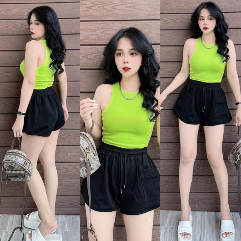 Set thun gân áo ba lỗ croptop mix quần thun cạp cao giá rẻ Nữ