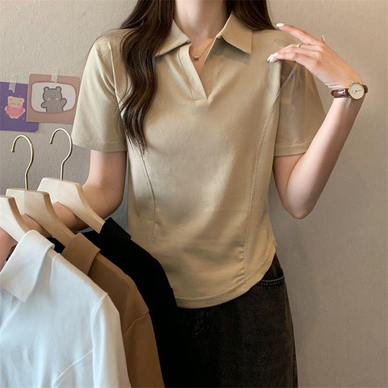 Product Introduction of Summer New Korean Style Polo Collar Solid Color Short-Sleeved Top for Women Slim Casual All-Match T-shirt Women 3