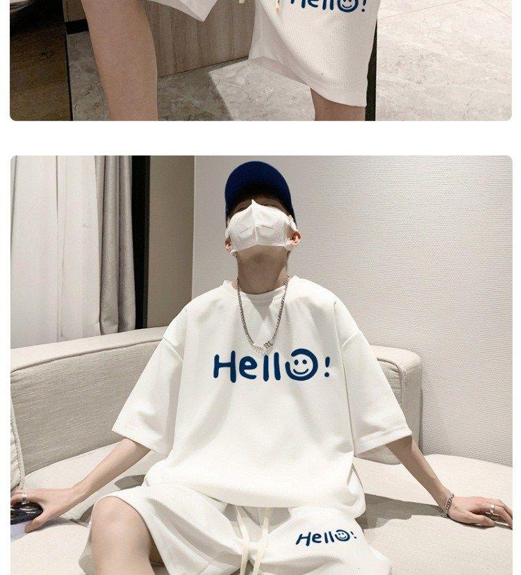 Product Introduction of Bộ Đồ Ngắn Áo Phông Thể Thao, Thiết Kế Bánh Quế, Dành Cho Nam Giới, Phong Cách Cổ Điển Mỹ, Thích Hợp Cho Mùa Hè, Trang Phục Phù Hợp, Trang Phục Thường Ngày Quần Cropped Xén Học Sinh, Bộ Hai Mảnh 8