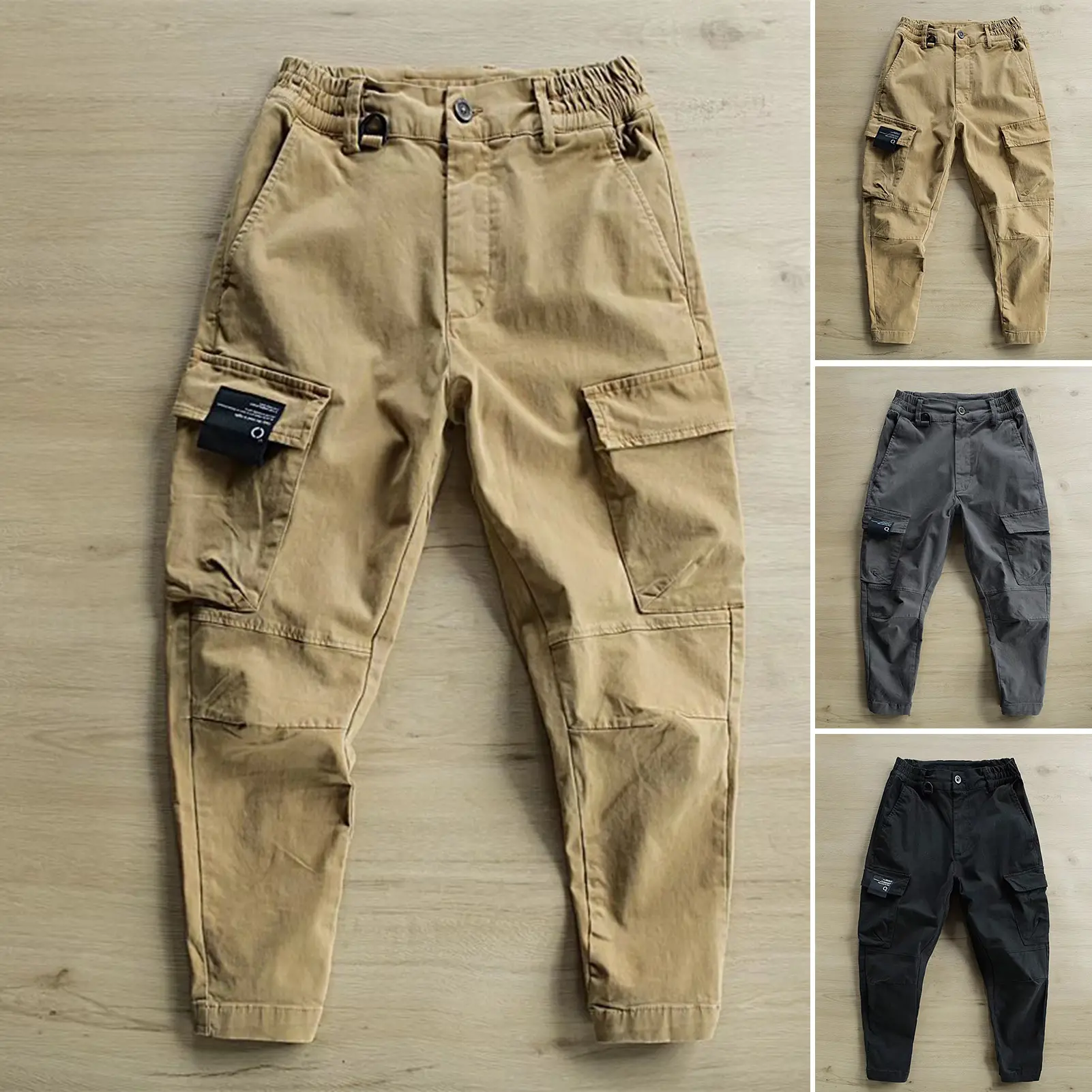 [GZA]Elastic Waist Button Fly Ankle-Length Man Pants Multi Pockets Mid-Rise Men Cargo Pants for Mountain Climbing