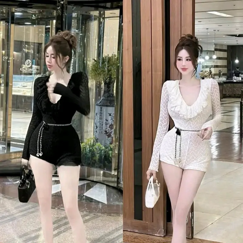 Jum ren đùi cổ bèo tròn tay dài có kem dây eo đính hoa Women Nữ 4