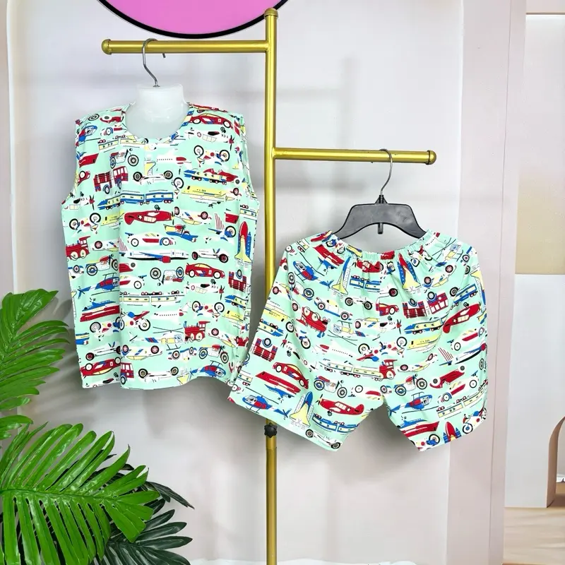 DQ9L-20. Bộ Quần Ngắn Áo Ba Lỗ Bé Trai. Chất Vải Tole Lanh Hai Da. Size 16kg đến 75kg.