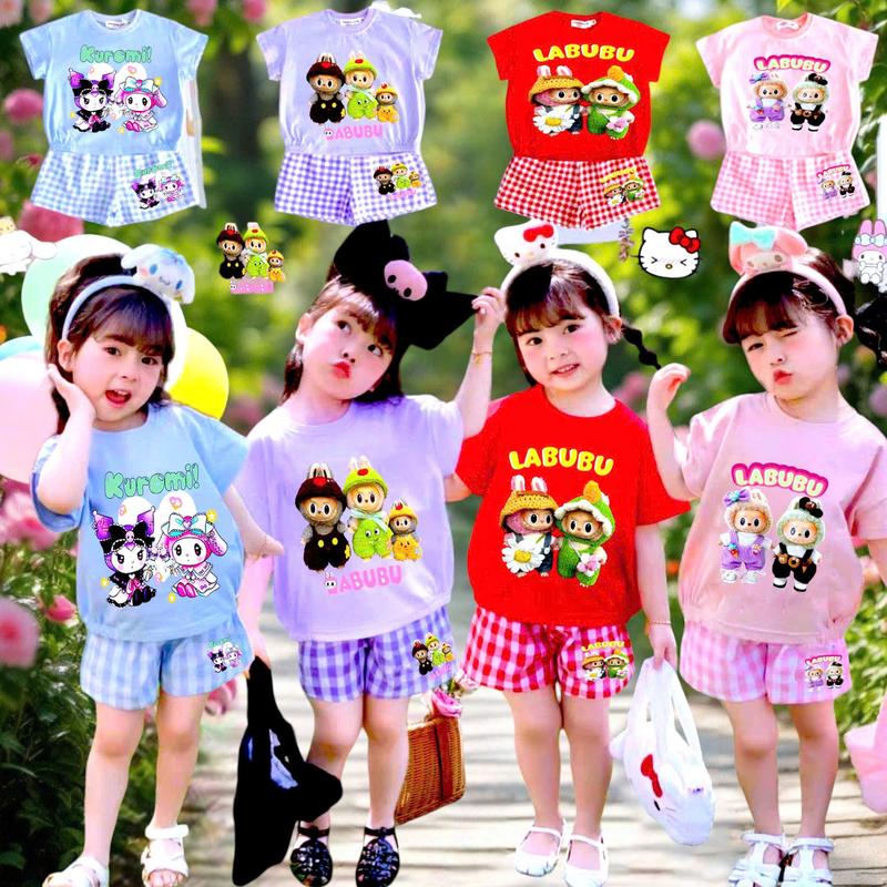 ComBo 4 Bộ Áo Cộc Quần Cộc Kẻ KaRo  In Hình LABUBU + kurumy Cho Bé Gái SeZi  10-55kg.