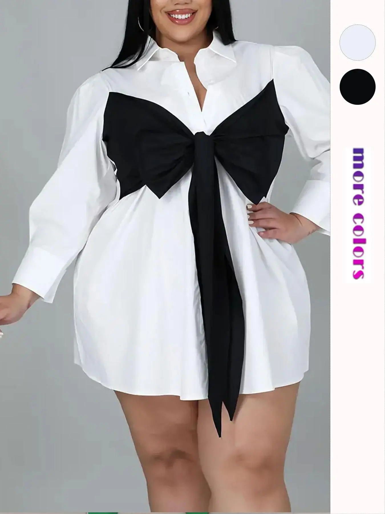Plus Size Big Bow Long Sleeve Button Front Shirt Dress, Casual Solid Collar Short Dress for Summer, Women's Clothes for Daily Wear