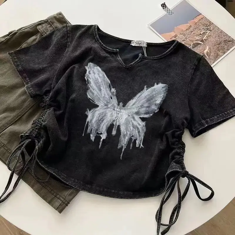 American-Style Washed Old Short-Sleeved T-shirt Women's Short Summer Sweet Drawstring Navel-Exposed Couple's Tops Tide