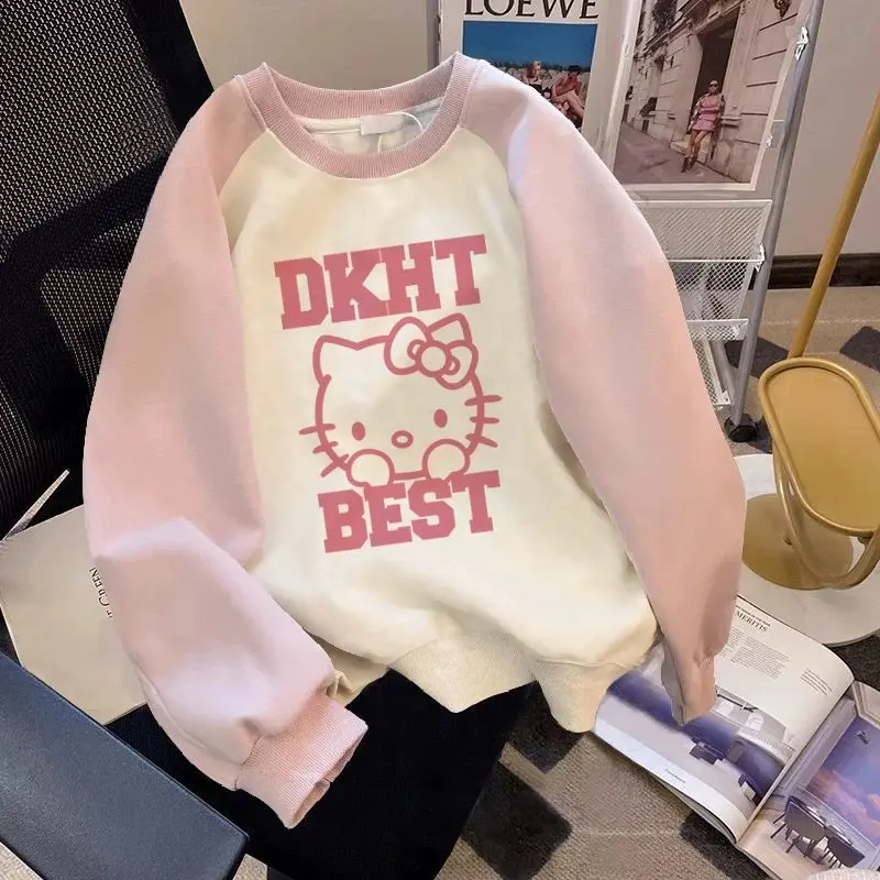 Áo Len Lót Lông Cừu Cho Bé Gái Hello Kitty, Bộ Sưu Tập Thu Đông, Phong Cách Phương Tây Mới, Màu Tương Phản, Áo Tay Raglan, Cơ Sở Thường Ngày Hoạt Hình, Thời Gian Giao Hàng 48 Giờ, 2023