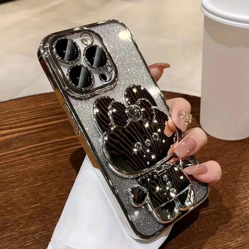 Cute Bunny Design Phone Case with Camera Lens Protector & Hidden Mirror Holder, Shockproof Phone Protective Cover, Phone Accessory Compatible with iPhone 15 14 13 12 11 Pro Max Plus 3