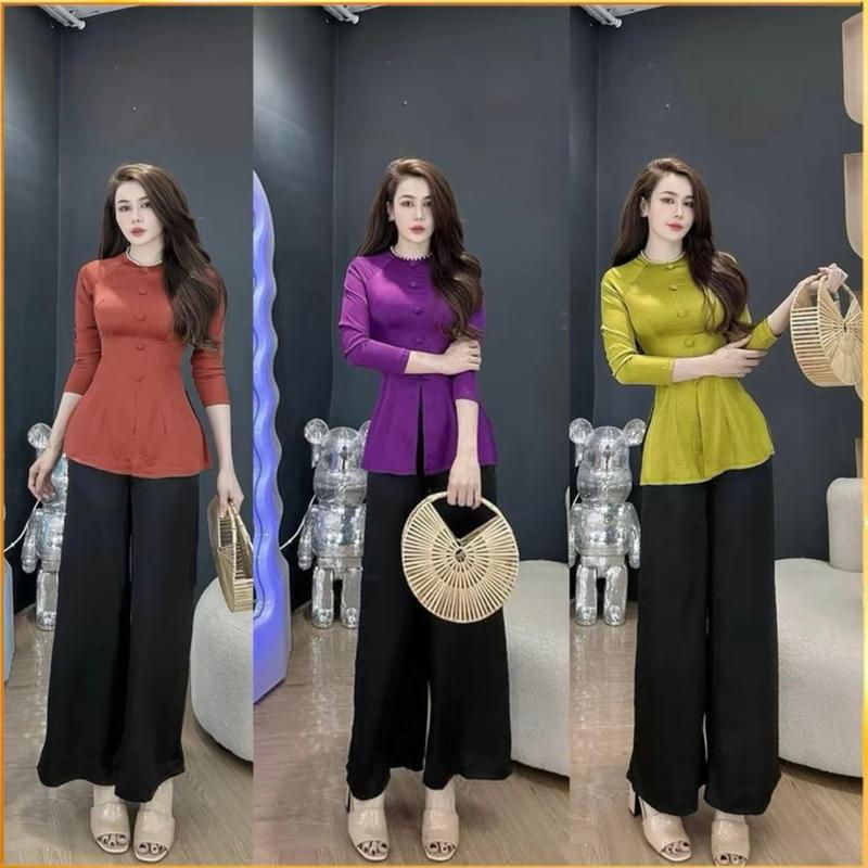 Bộ bà ba cổ tròn đính Ngọc chất áo phi tuyết cao cấp, quần mango mềm mại mặc thoải mái có nhiều màu đủ Size từ 42-67kg Có thể giặt bằng máy Có thể giặt bằng máy