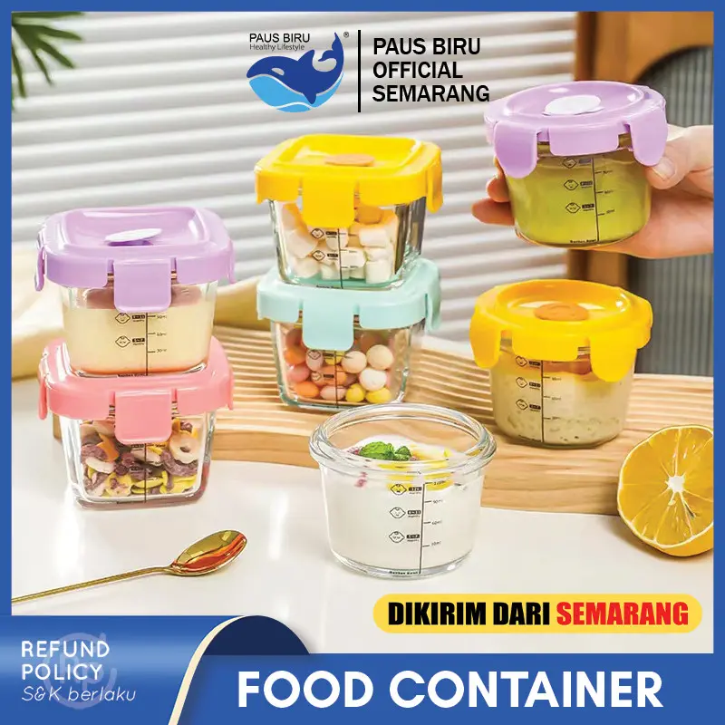 Paus Biru - Baby Food Container Penyimpanan Mpasi Bayi Wadah Kaca Penyimpanan 170ML Bpa Free