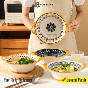 HCSTORE Mangkuk Keramik Gagang Ukuran 19cm Model Eropa Tahan Panas Microwave Safe