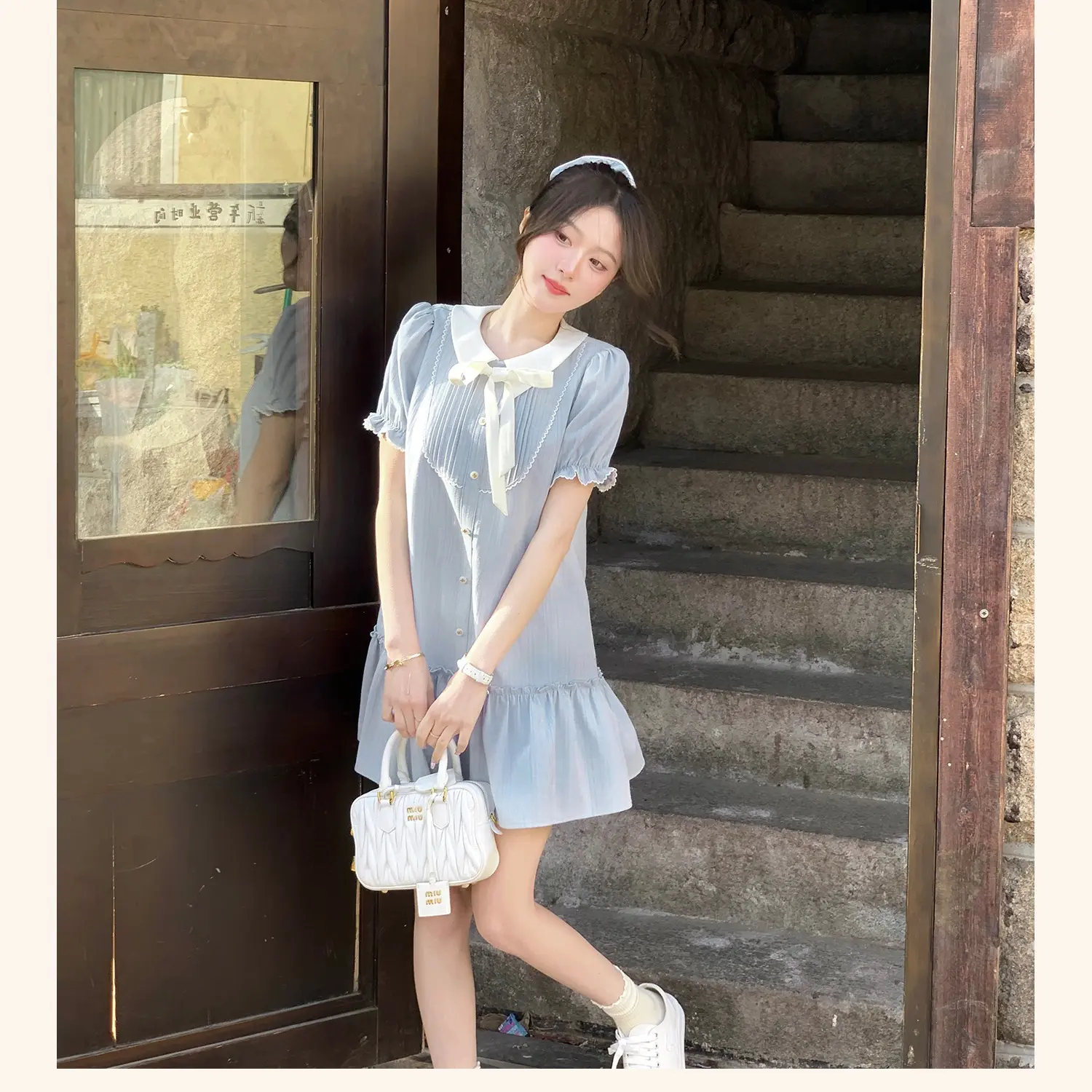Váy nữ, váy babydoll xanh phối nơ xinh xắn Dress Women Tre Voan
