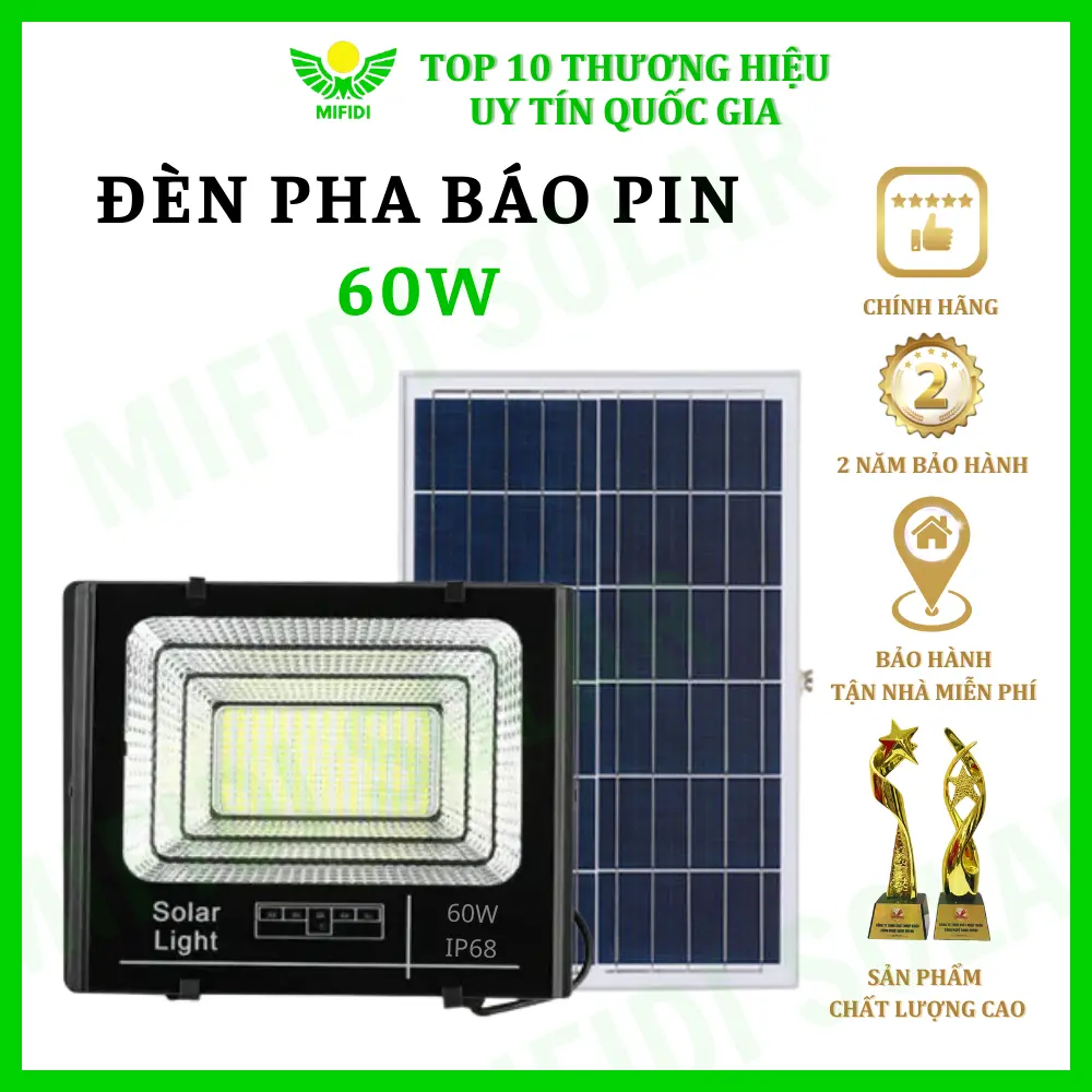 Đèn pha báo pin 60W năng lượng mặt trời chính hãng Mifidi Solar, tấm pin lớn sáng xuyên đêm - BH 2 năm