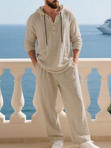 Conjunto de dos piezas para hombre de lino de alta calidad con capucha, estilo casual para vacaciones en la playa, ajuste holgado y tejido transpirable, blusa de manga larga y pantalón de pierna ancha