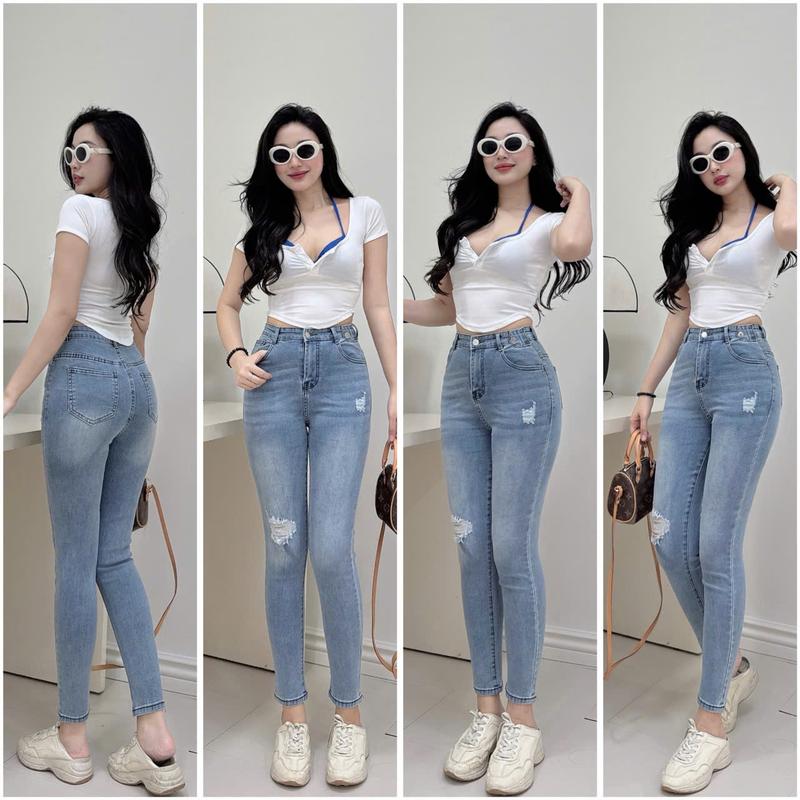 jean nữ - 333 Quần Jeans Nữ Ong 1 Nút Ống Ôm Màu Trắng Xanh VS Râu Mèo Cào Rách Chất Jean Mềm Co Giãn Từ 42kg - 55kg giặt bằng nước lạnh boho Women Pants Denim Kem