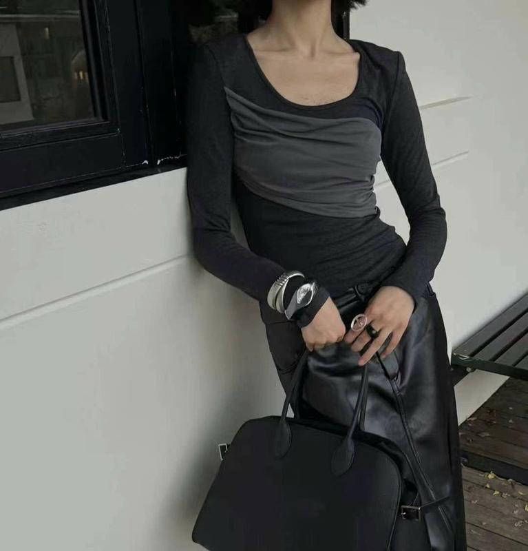 (AT292) Áo thun cổ U tay dài ngực phối vạt chéo MAIDO TRENDY