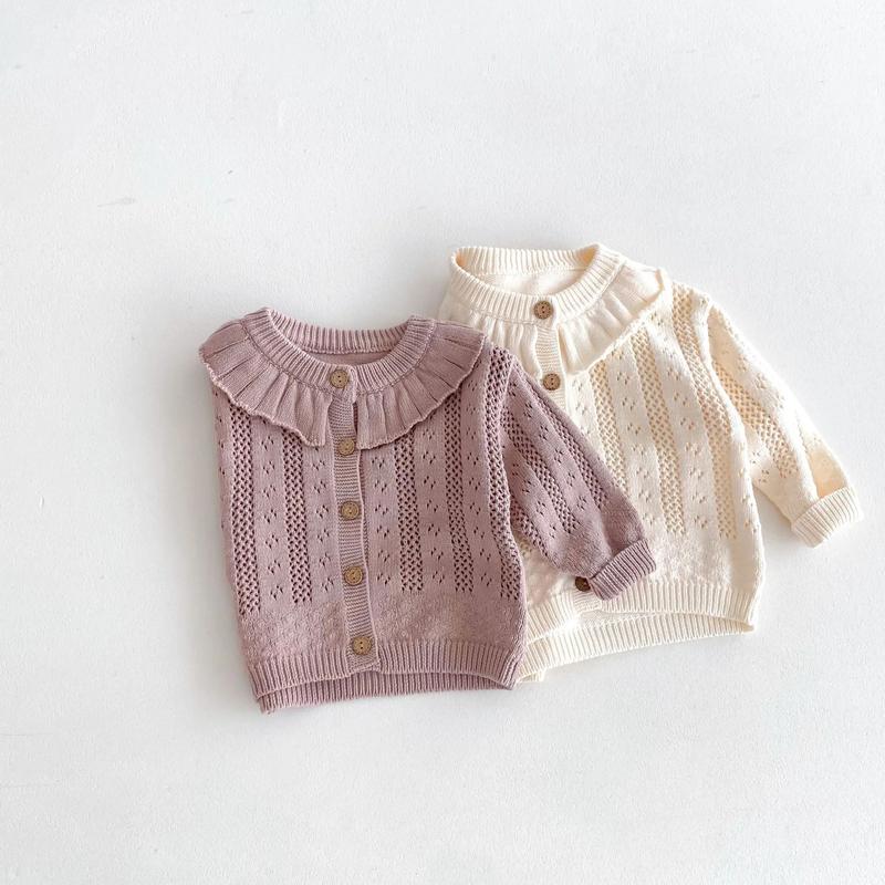 Product Introduction of Korean Baby Girl Autumn Hollow Out Sweater Cardigan Kids Fashion Cotton Ruffle Collar Knitted Jacket Spring Solid Outerwear Coat 12