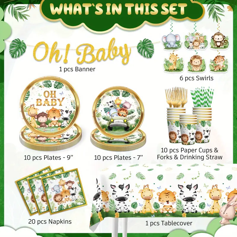 Jungle Animal Themed Disposable Tableware Set, 78pcs/set Including Plate, Cup, Napkin, Straw, Fork, Tablecloth, Party Supplies for Baby Shower 2