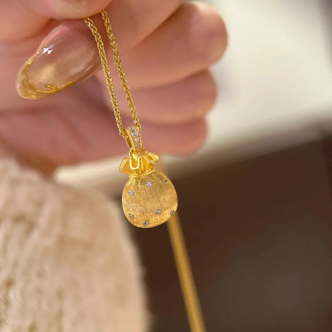 "Lucky Charm" Gold-Brushed Mini Pouch Necklace - New Chinese Style Titanium Steel Collarbone Chain