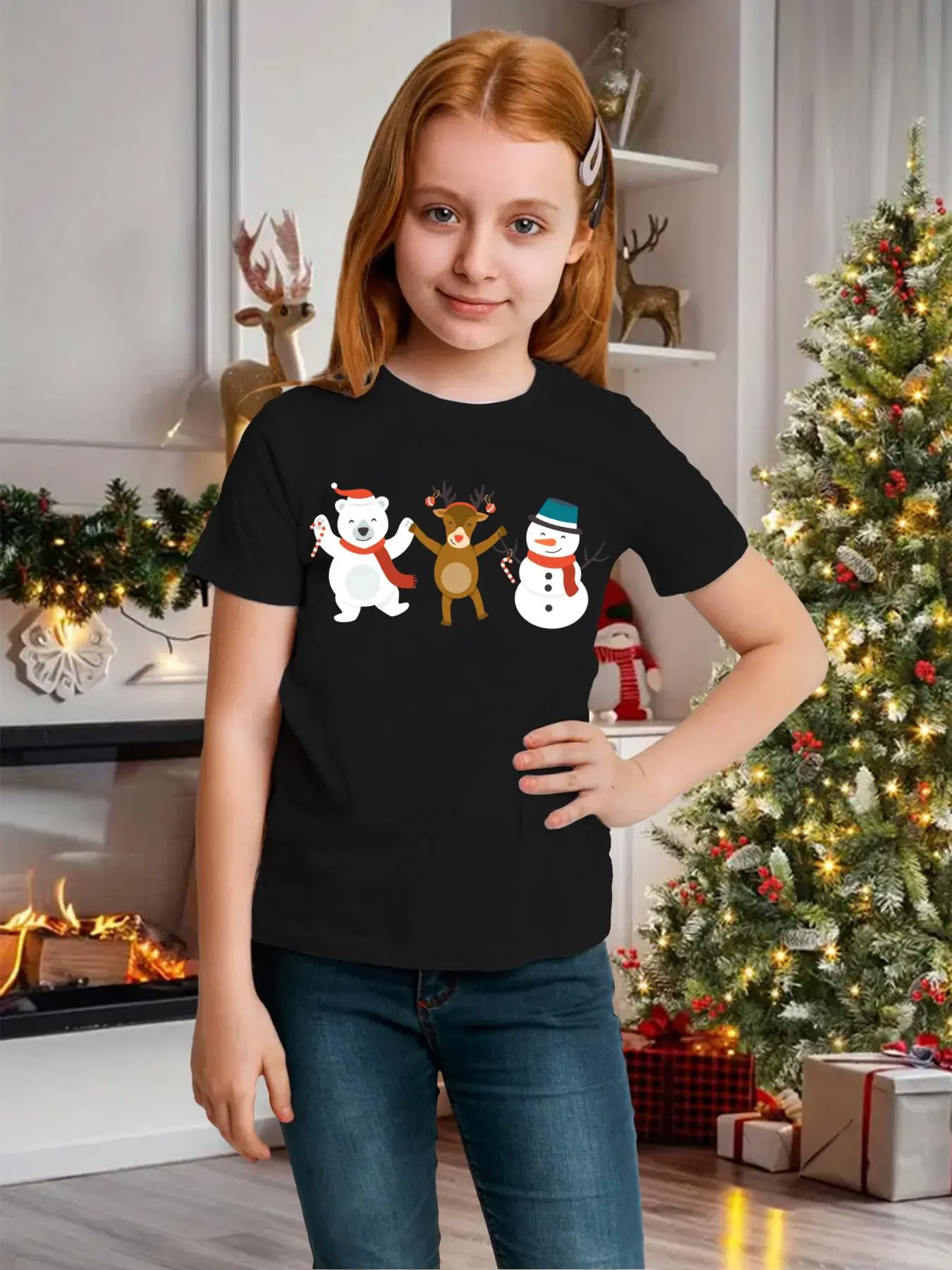 Girl's Christmas Snowman & Reindeer Print Round Neck Tee, Casual Short Sleeve Crew Neck T-Shirt for Daily Wear, Kids Clothes for All Seasons