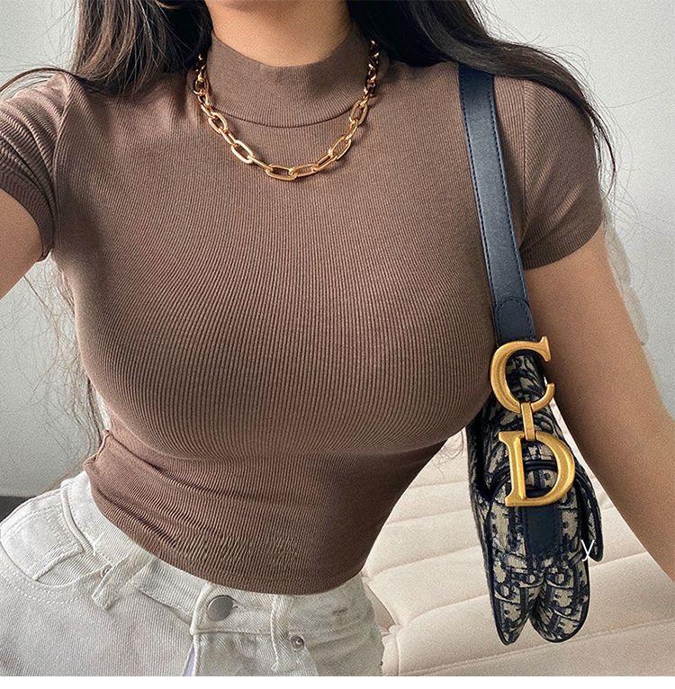 Product Introduction of Summer New European and American Basic Style Small round Neck Cropped T-shirt Stretch Tight Short Sleeve Bottoming Top for Women Lingerie Lady Streetwear Casual Minimalist Womenswear Comfort 5