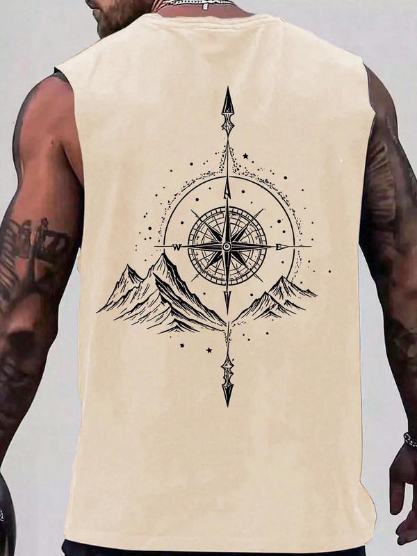 Men's Compass & Mountain Print Round Neck Tank Top, Loose Casual Sleeveless Top for Summer, Men's Clothes for Daily Wear, Tshirt 0