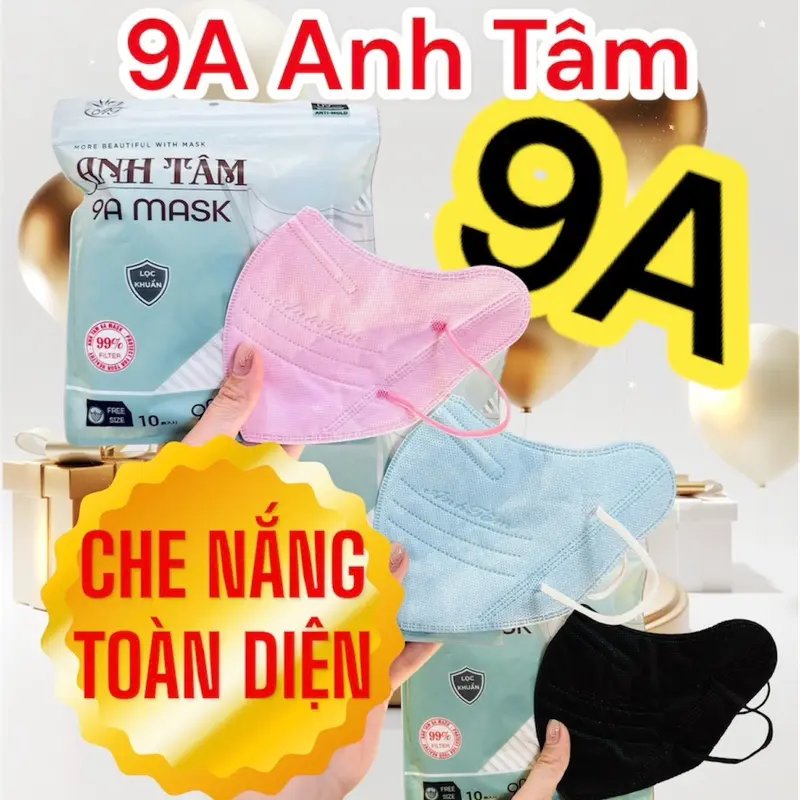 100 chiếc Khẩu trang 9A Anh Tâm 5 lớp chống nắng toàn diện, che phủ rộng, 48-85kg kháng khuẩn Hottrend 2025 polyester trộn đủ màu cho nữ