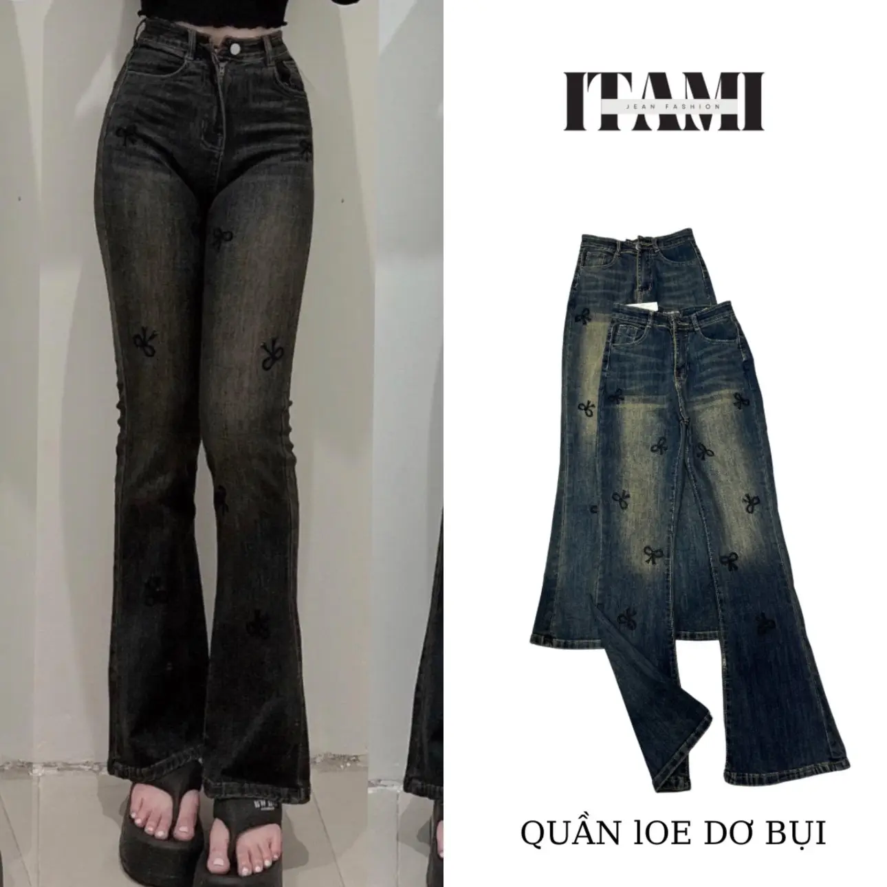 {S-M-L}Quần ống loe Hàng QC lưng siêu Cao  thêu nơ màu dơ bụi co giãn dài Cá Tính dài Women  100cm