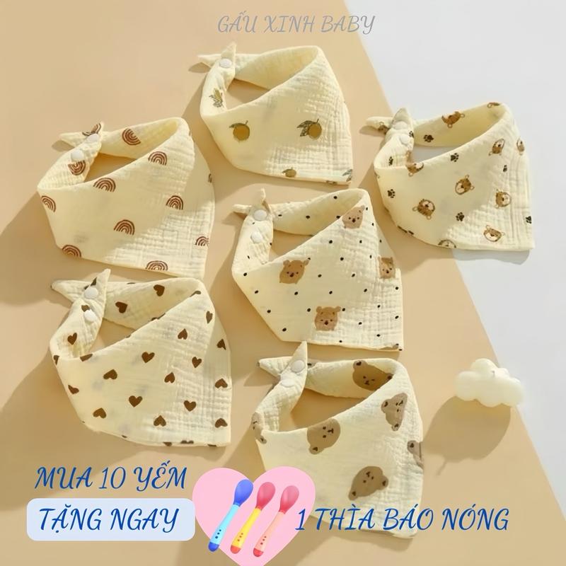 [Tặng Thìa Báo Nóng] Sét 5 Yếm Tam Giác Muslin Cho Bé Sơ Sinh Màu Kem Hàn - Chất liệu Vải Xô Muslin Dệt Kép 2 Lớp - Voi khăn chéo