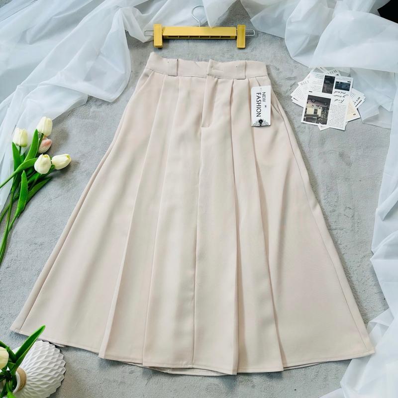 Chân Váy Nữ Xếp Ly Công Sở Nữ Thanh Lịch,  Women Nhung Voi. Dáng Dài 75Cm Chất Liệu Tuyết Mưa Vitex Kem. , Đủ Size Cho Mọi Dáng Người 0