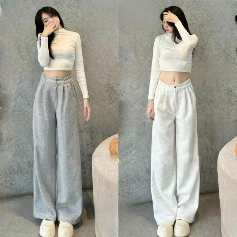 Quần nỉ nữ 1 khuy có túi trước sau lưng thun xếp ly dáng quần nỉ ống suông rộng dài cạp cao nữ đi học công sở chơi du lịch dao phố Ong Women Pants