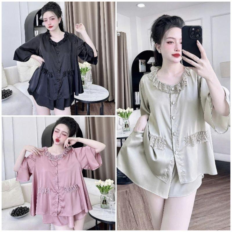 Đồ ngủ pijama nữ - Mẫu tiểu thư cổ ren tròn nút bọc vải tay lỡ quần đùi lụa latin  mịn mát mặc nhà siêu sang