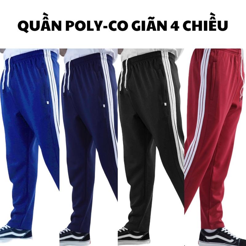 Quần Thể Dục Poly Cấp 1 2 3 Kẻ 3 Sọc Trắng Vải Poly Co Giãn 4 Chiều Ống Rộng Tổ Ong Sport Gym Tập Gym Nam