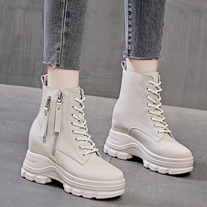  GiàY Bốt Nữ Cổ Ngắn Đế Xuồng 9cm Kéo Khoá Da Thật PB760-4145 