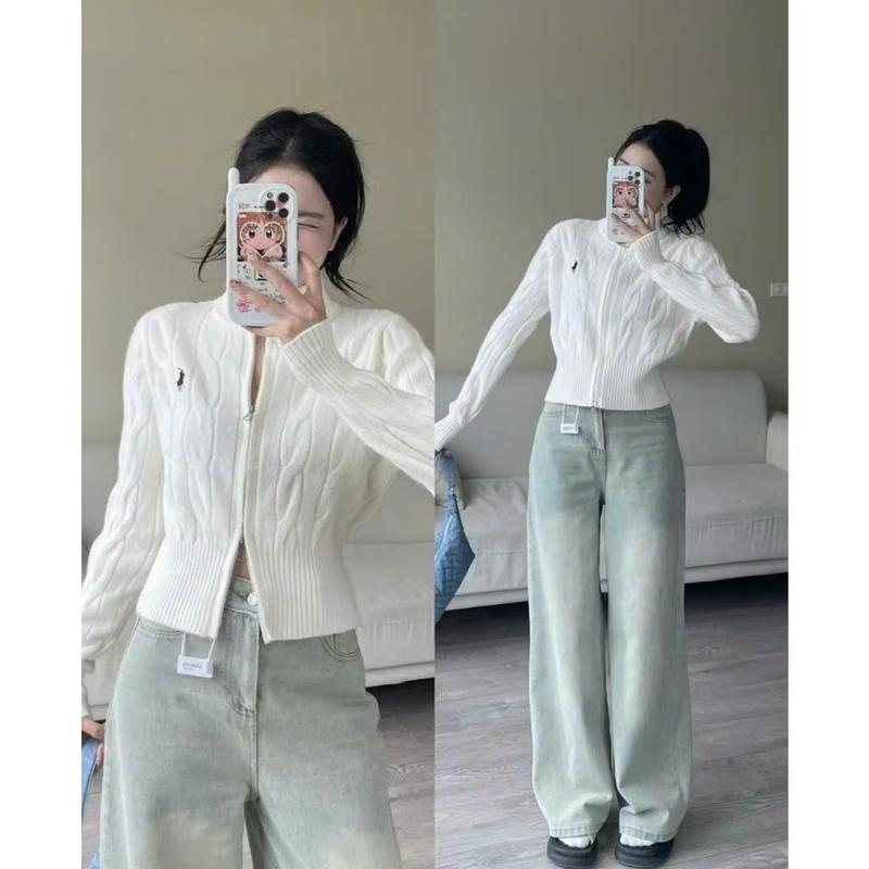 ÁO LEN KHOÁC CROPTOP THÊU HÌNH NGỰA KHOÁ 2 ĐẦU Nữ Jacket Có Cổ Women