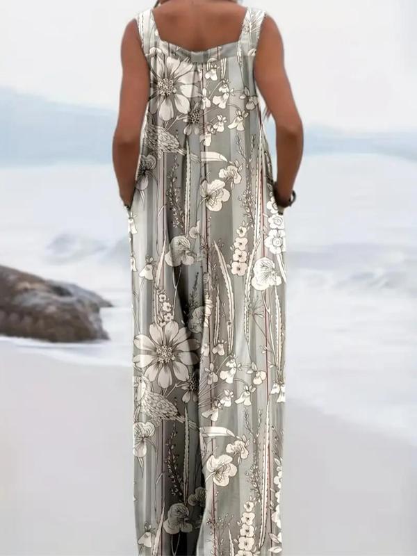 【Plus Size】 All Over Floral Print Button Design Overall Jumpsuit, Casual Boho Sleeveless Wide Leg Jumpsuit for Beach Holiday Vacation, Women's Clothes for Summer, Bohemian Womenswear 8