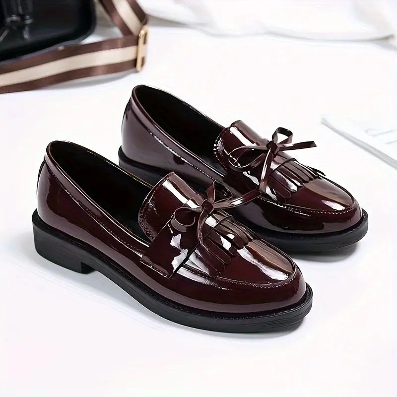 Preppy Solid Color Round Toe Slip-on Women'S Shoes, English Style, All-season, with Bow Embellishment, Made of Man-made Materials, Faux Sole and PVC Insole, with Fabric Inner Material, Hand Wash Only 2