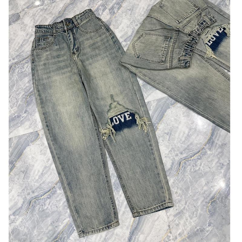 [2160] [Có BIGSIZE ]Quần Baggy Lưng Chun Thêu chữ rách gối Jean Pants Denim Nữ 5