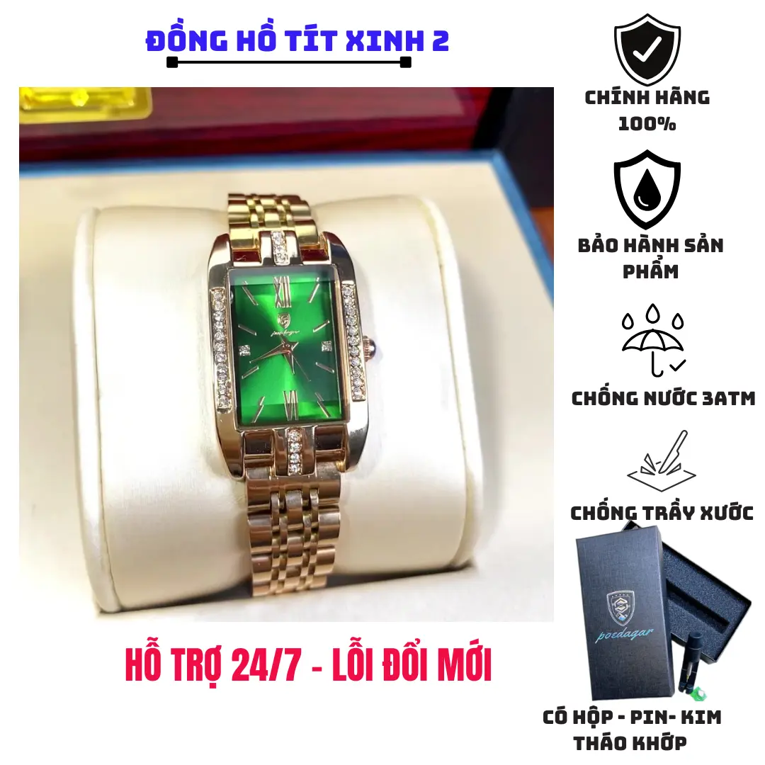 Đồng hồ nữ đẹp cao cấp chính hãng Poedagar mặt xanh lá hình chữ nhật, kiểu dáng thời trang sang chảnh, chống nước 3atm, chống xước