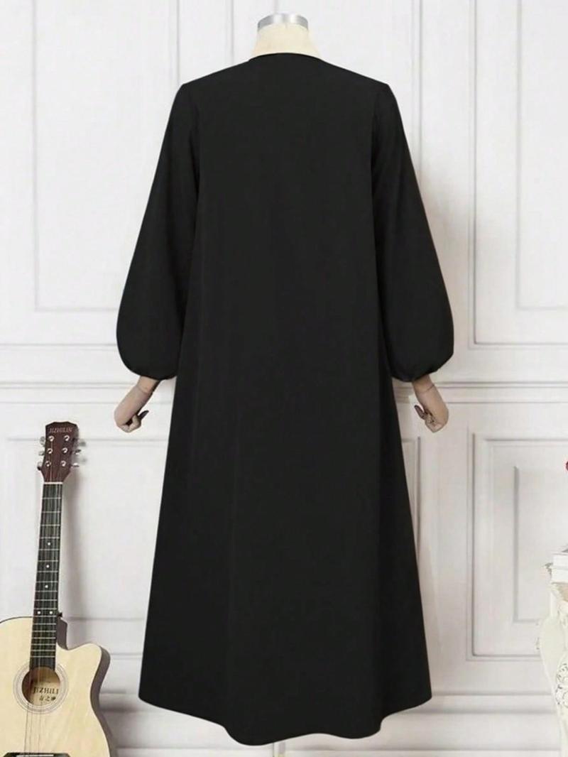 Product Introduction of Women's Plain Plicated Button Dress, Casual Bishop Sleeve Round Neck Long Dress for Daily Wear, Ladies Clothes for All Seasons 2
