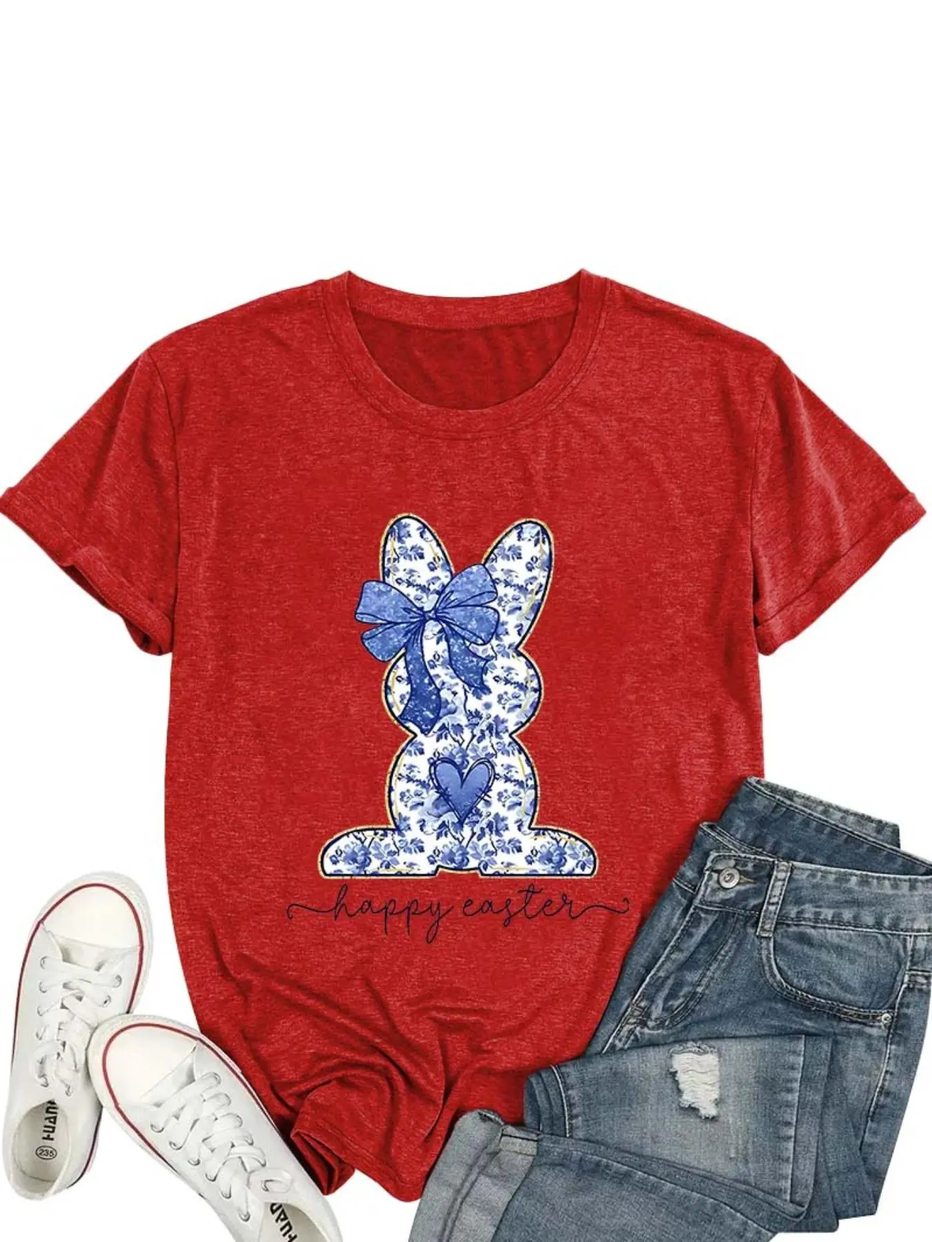 【Plus Size】 Letter & Rabbit Print Round Neck Tee, Casual Short Sleeve Crew Neck T-shirt for Daily Wear, Women Plus Clothing for Summer