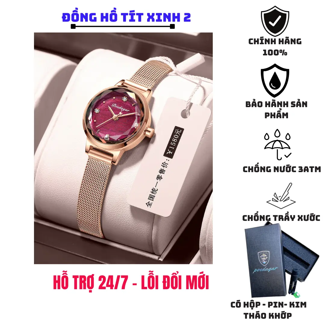Đồng hồ nữ đẹp sang chảnh chính hãng Poedagar dây thép lưới phong cách thời trang, các múi giờ đính đá, chống nước chống xước